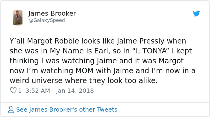 Tweet about Margot Robbie looking like Jaime Pressly in "I, Tonya"
