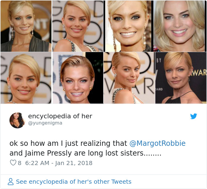Tweet about Margot Robbie and Jaime Pressly being long lost sisters 