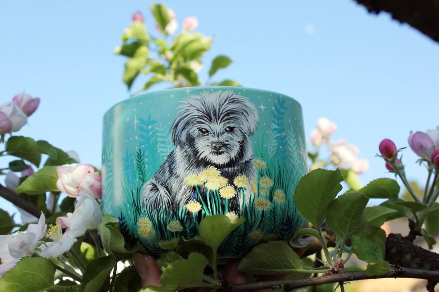 Puppy In Dandelion Meadow Painted On A Turquoise Mug