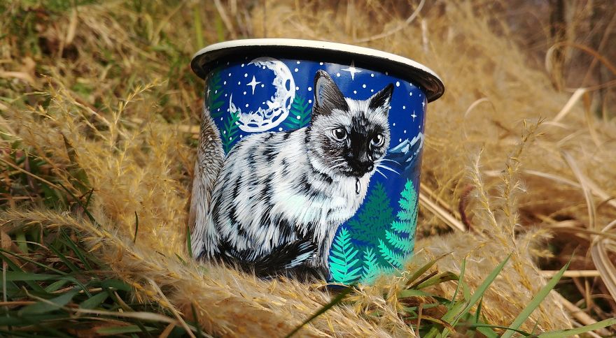 Travel Enamel Mug With A Cat In Mountain Scene