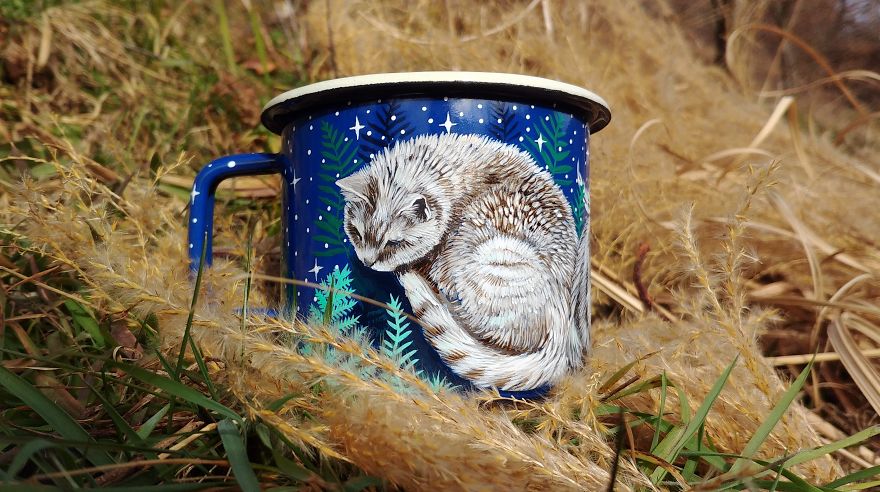 Traveler's Enamel Cup With Hand Painted Cat In The Fern Meadow