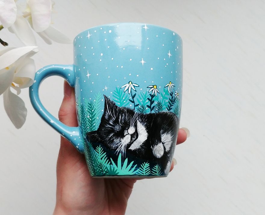 Sleeping Cat Illustration On A Blue Tea Cup