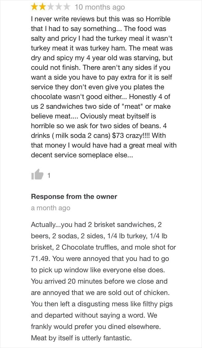 Lady Claims She She Spent $73 On Two Sandwhiches And Some Beans. Owner Looks Up Her Exact Order.