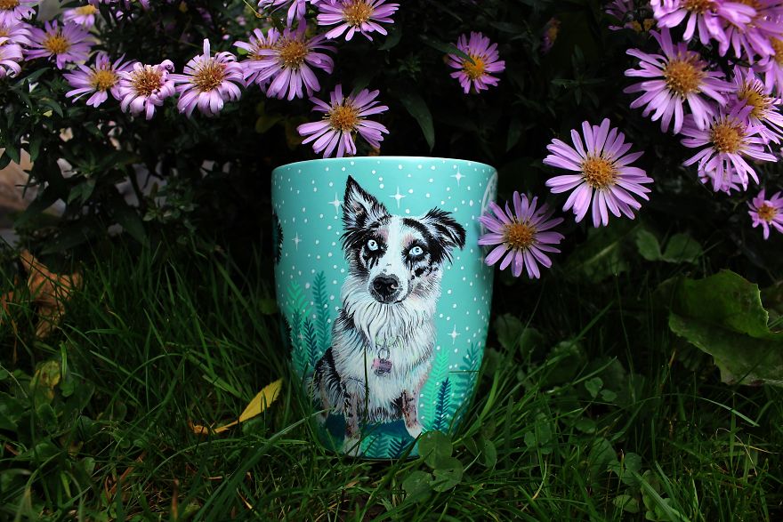 Dog In Magic Moon Forest Hand Painted On A Ceramic Coffee Mug