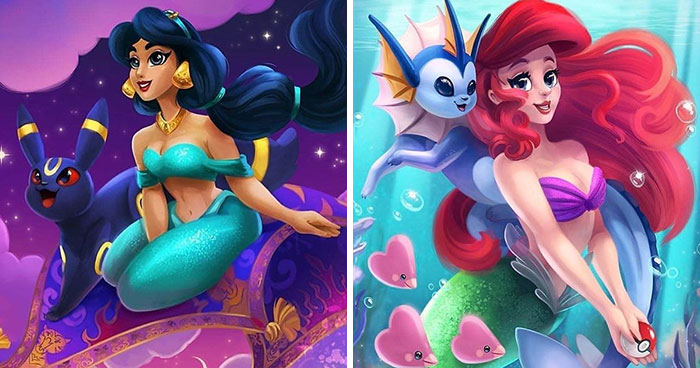 Artist Draws Disney Princesses Together With Their Eeevee Companions In This Crossover Art Series
