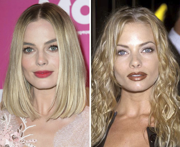 Margot Robbie (left) wearing red lipstick and Jaime Pressly (right) wearing brown lipstick 