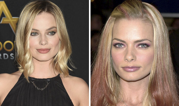 Margot Robbie (left) wearing a black dress and Jaime Pressly with pink strands of hair