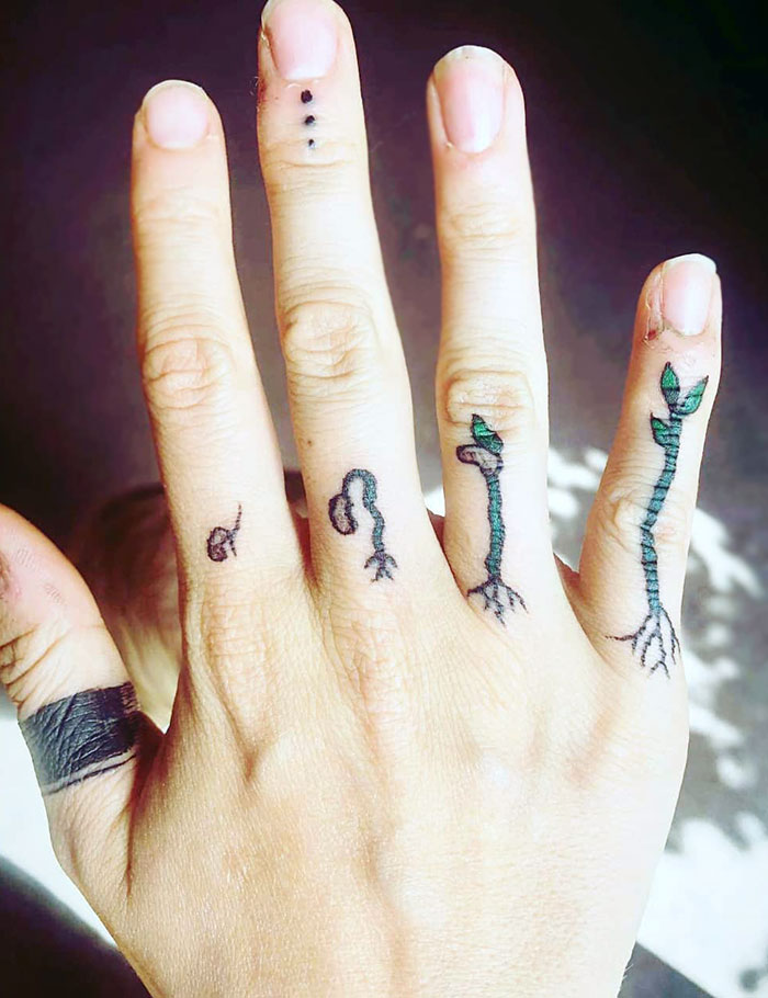 The Process Of Plant Growing Up Depicted In Finger Tattoos