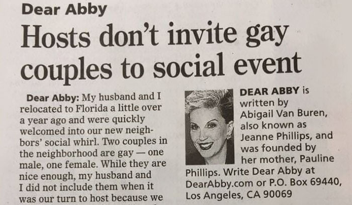 Homophobic Couple Ask “Dear Abby” For Advice On Gay Neighbors, Get A Lesson On Bigotry Instead