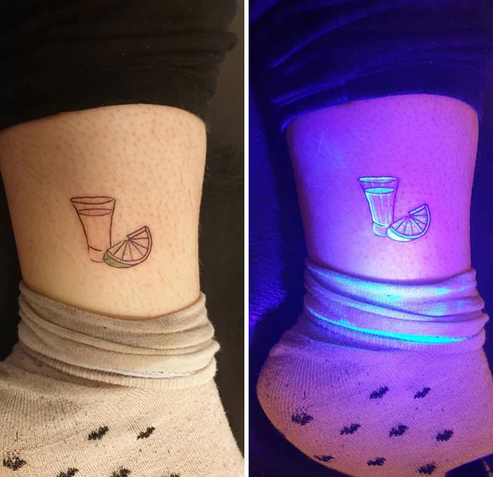 Cute Little Shot Glass And Lime Tattoo In Invisible UV Ink