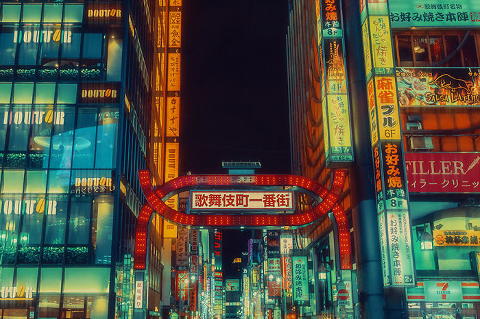 Vibrant night scene in Tokyo with illuminated signs and busy streets captured during a dream trip photography session.