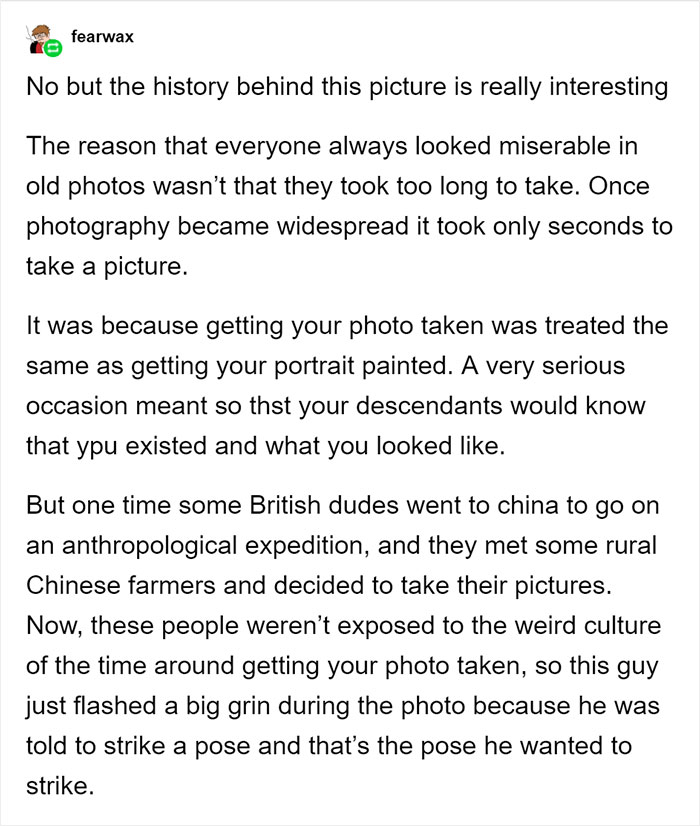 After People Claimed That This Smiling Man Photo From 1901 Was Fake, Tumblr User Explained That Rural Chinese People Didn't Know How To Pose