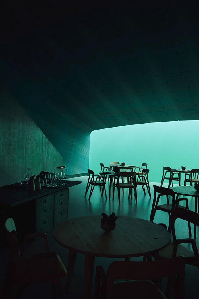 seating at underwater restaurant in Norway