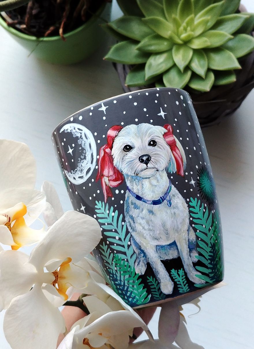 Cute Puppy Painting On A Gray Ceramic Mug