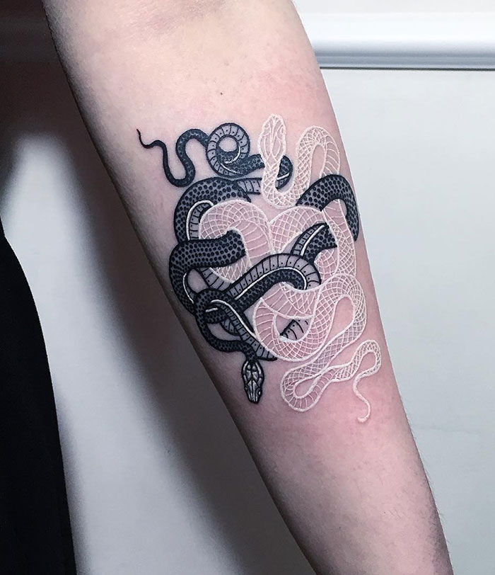 Tattoo Of Black And White Snakes