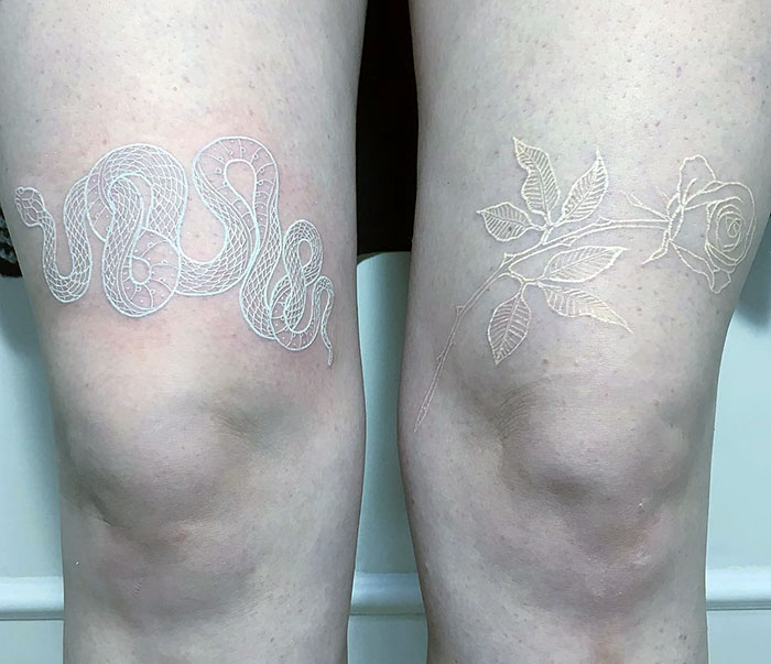 Healed Rose And Fresh White Ink Snake Tattoo