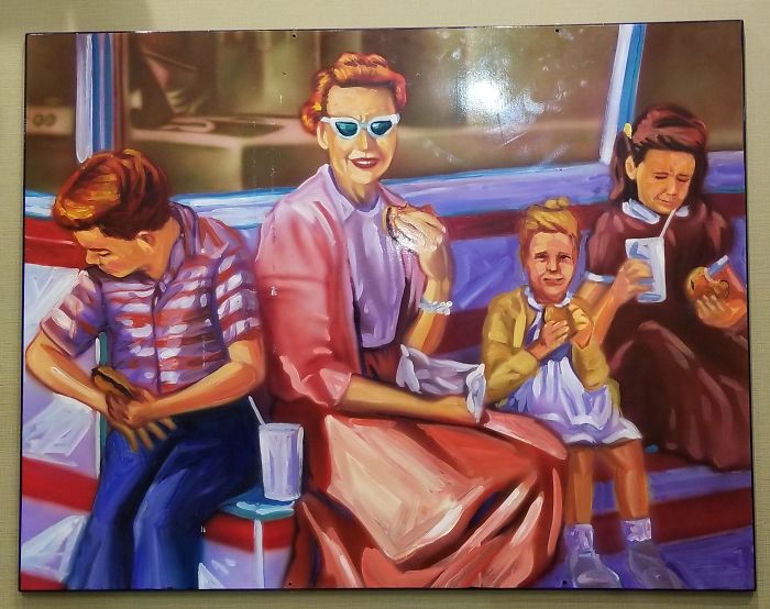 This Painting Was Hanging In A McDonald's. Everyone Looks Like They Hate Their Food And The Little Girl Is 65 Years Old.
