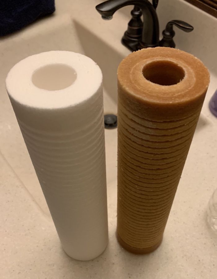 Three Months Of City Water Through My Water Filter Cartridge. New One On The Left For Comparison