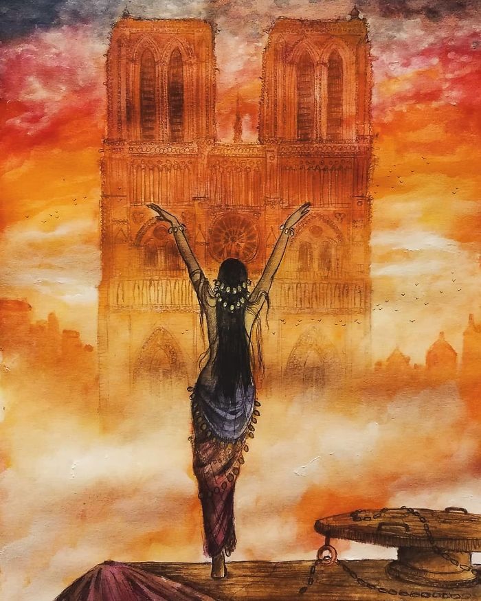 "Vivre"
#notredame #notredamedeparis #esmeralda #paris #longlivethequeen #victorhugo #sunset #sky #gothic #dance #spirits #tribute #notredametribute #illustration #notredameillustration #drawing #watercolor #nddp #giulioingrossoart