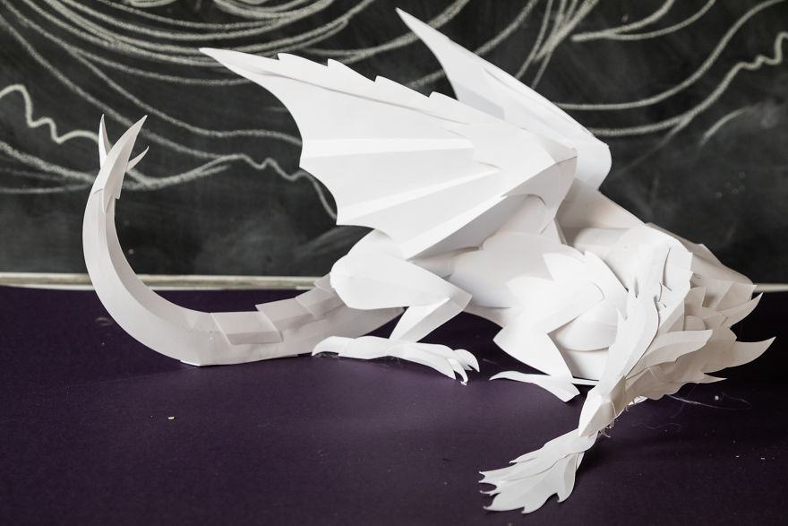 On Monday Morning, We Arrived At Work To Find A Fire-Breathing Dragon Built With 1200 Paper Sheets