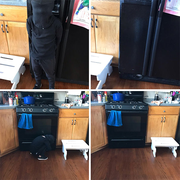 My 4-Year-Old Thinks He’s A Ninja So My Wife Took A “Before” Picture And Showed Him. He Absolutely Thinks He’s Completely Invisible In Front Of Our Black Appliances