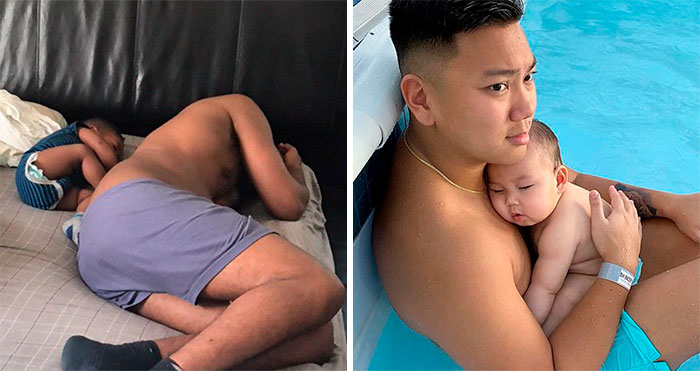 Father Posts A Pic Showing How His Kid Sleeps On Him, 30 Dads Join The Hilarious Thread