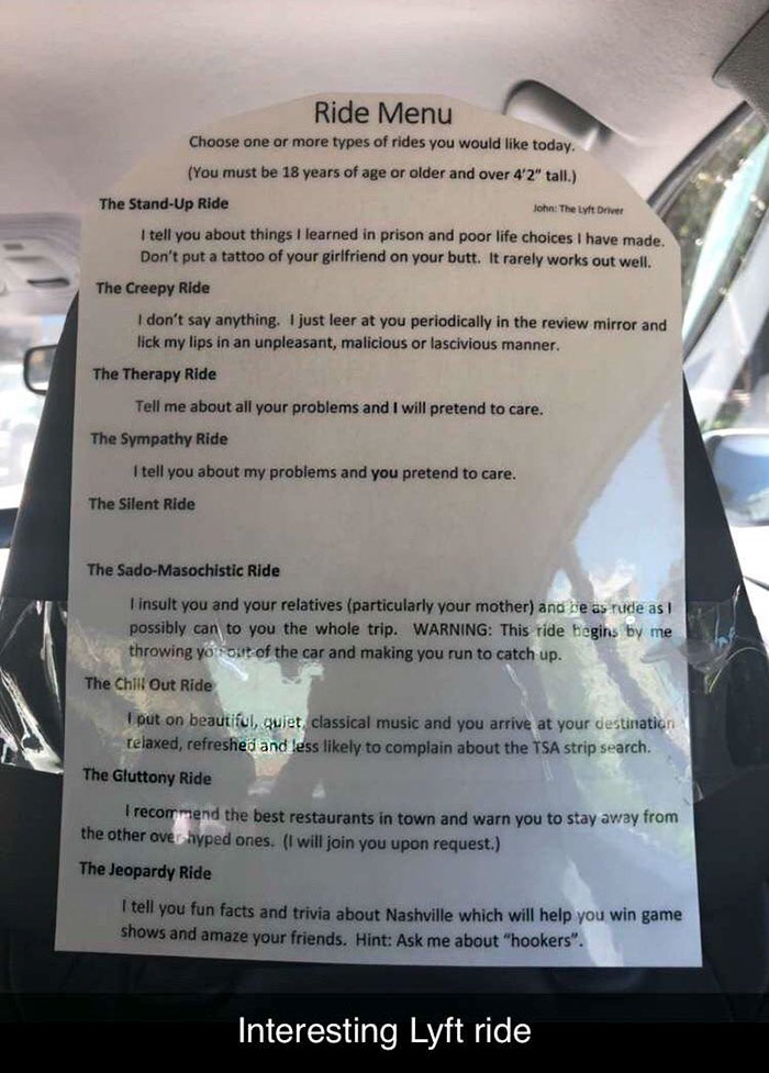 This Lyft Driver Is Taking His Services To A Whole Different Level And Offers Customers A Ride Menu