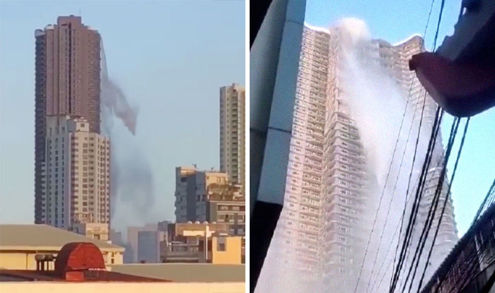 Water Cascades Down From The Rooftop Of A Skyscraper As A 6.1 Magnitude Earthquake Hits Manila