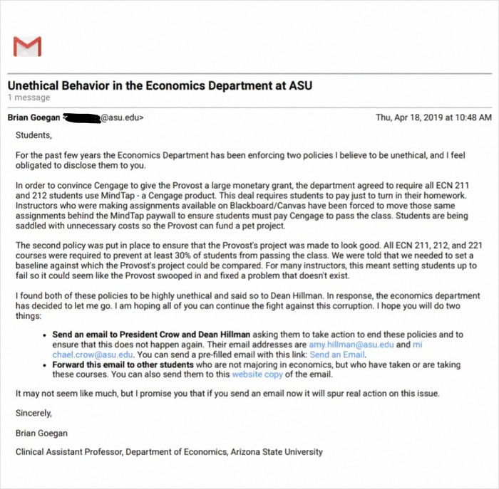 Professor Uncovers Scam At Arizona University And Gets Laid Off, So He Reveals It To Students Via Email