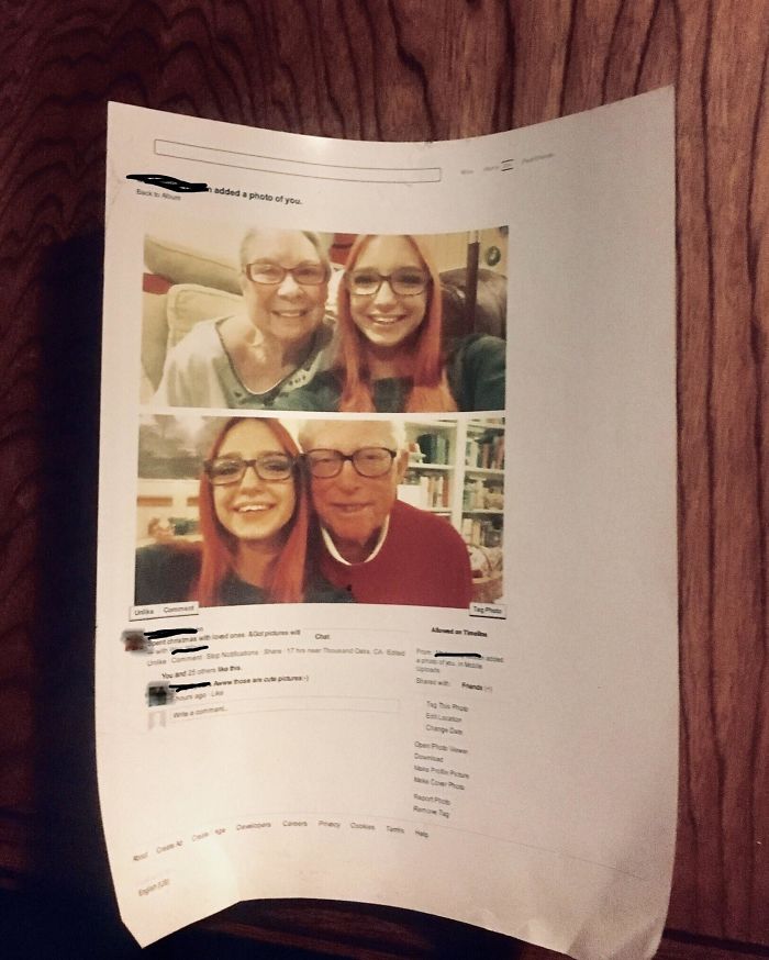 My 97-Year-Old Grandpa Is On Facebook. A Couple Of Years Ago He Liked A Photo Of Mine, So He Printed The Whole Page To Display It In His Home