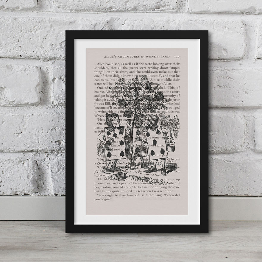 Alice In Wonderland Artwork Printed On Top Of Book Pages