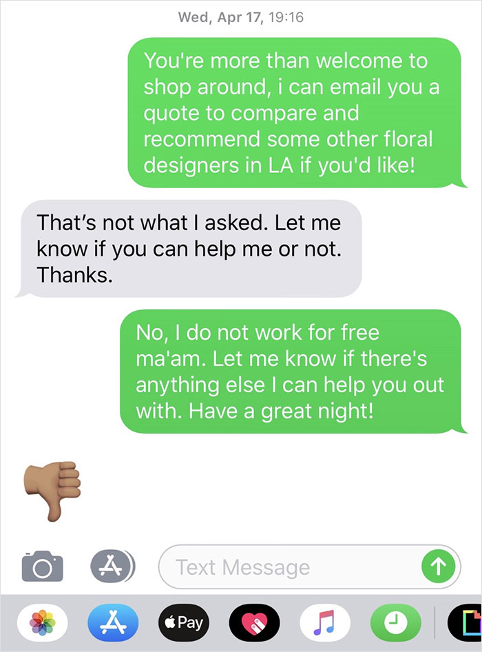 Florist Shares Screenshots Of Conversation With Rude Bride That Expected Her To Work For Exposure