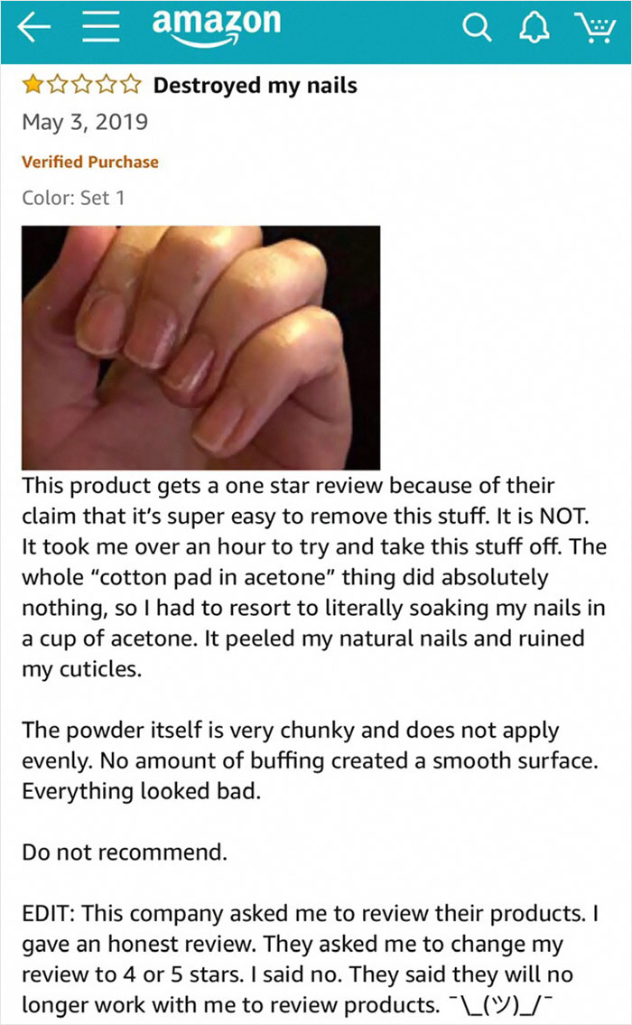 Woman Leaves 1 Star Review For Nail Powder Received From Chinese Company, They Try To Harass Her Into Changing It