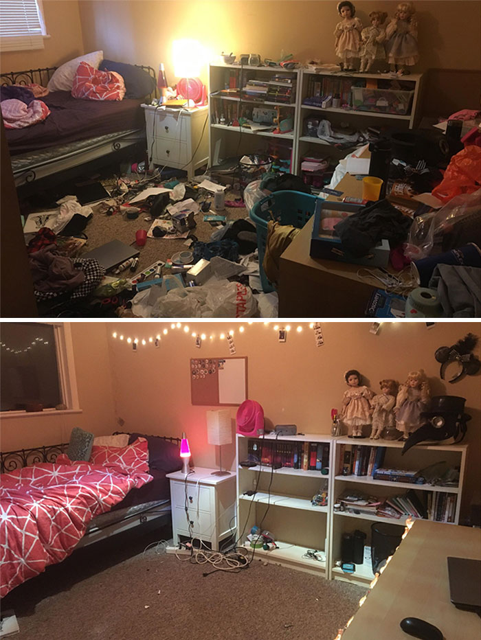 The Before And After Of 14 Hours Of Cleaning. Finally Got Rid Of My 3 Month Depression Nest!