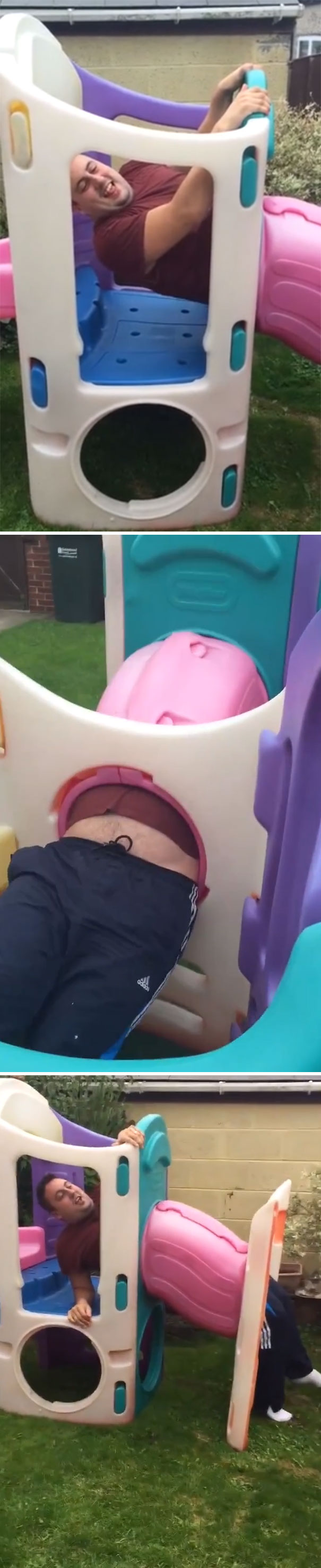 Guy Gets Stuck In Kids Slide