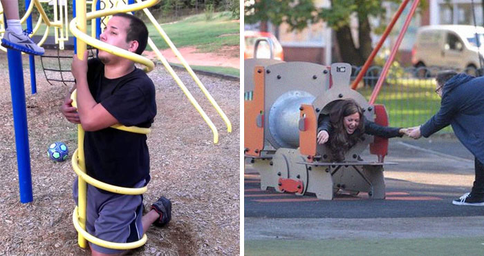 30 Times Adults Tried Playing In Kids Playgrounds But It Ended Disastrously