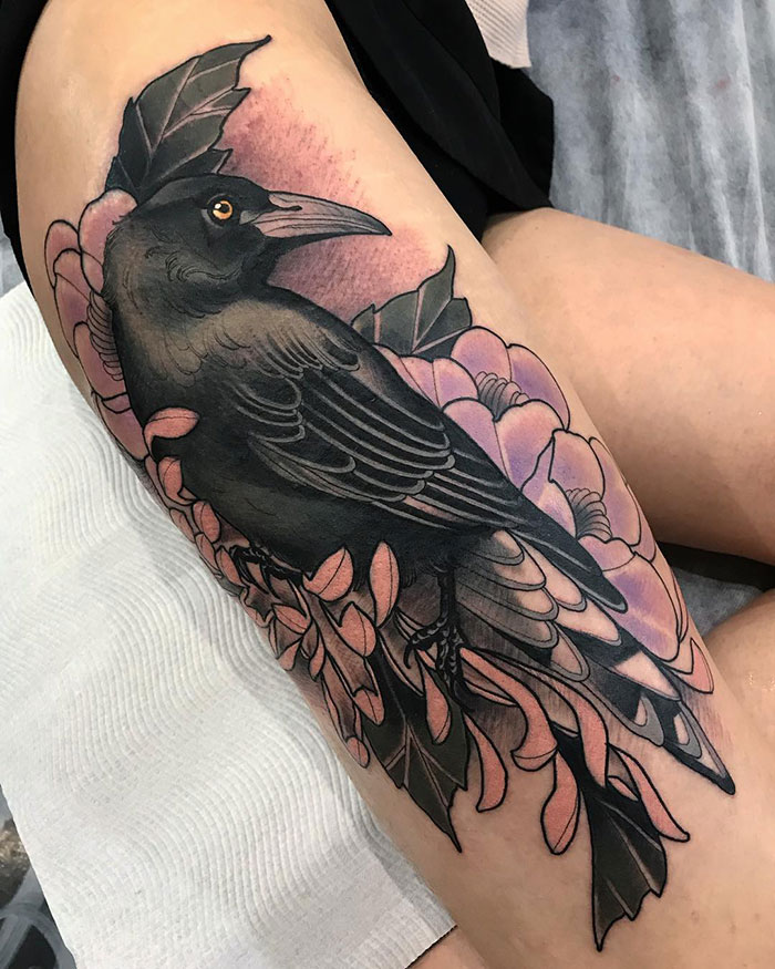Crow and flowers leg sleeve tattoo