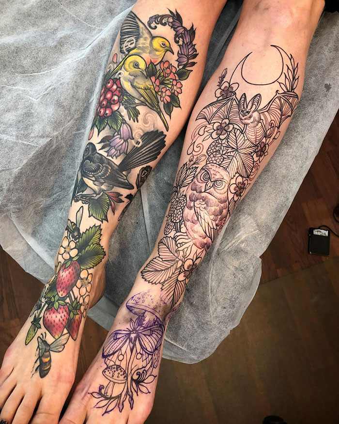 Colorful and line birds and nature leg tattoos