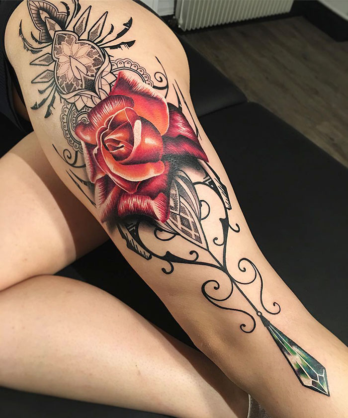 Mandala and rose leg tattoo