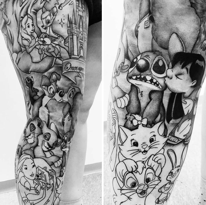 Disney characters Bambi stitch lilo leg sleeve tattoo