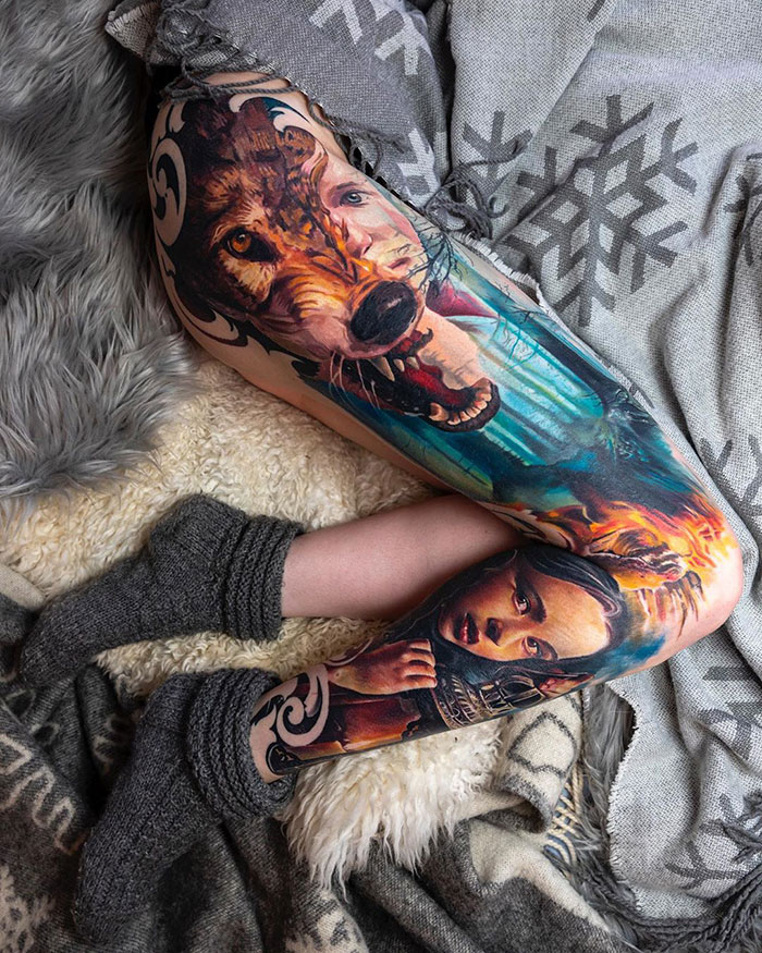 Half wolf half person leg sleeve tattoo