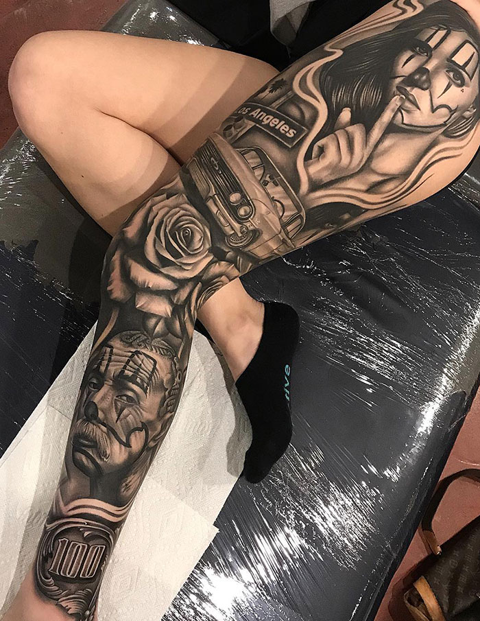 Woman and man with car and flowers leg sleeve tattoo