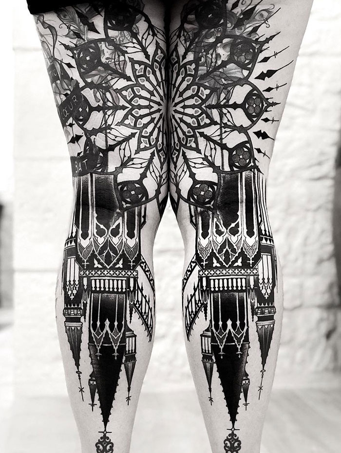 Mandala and castle leg sleeve tattoo