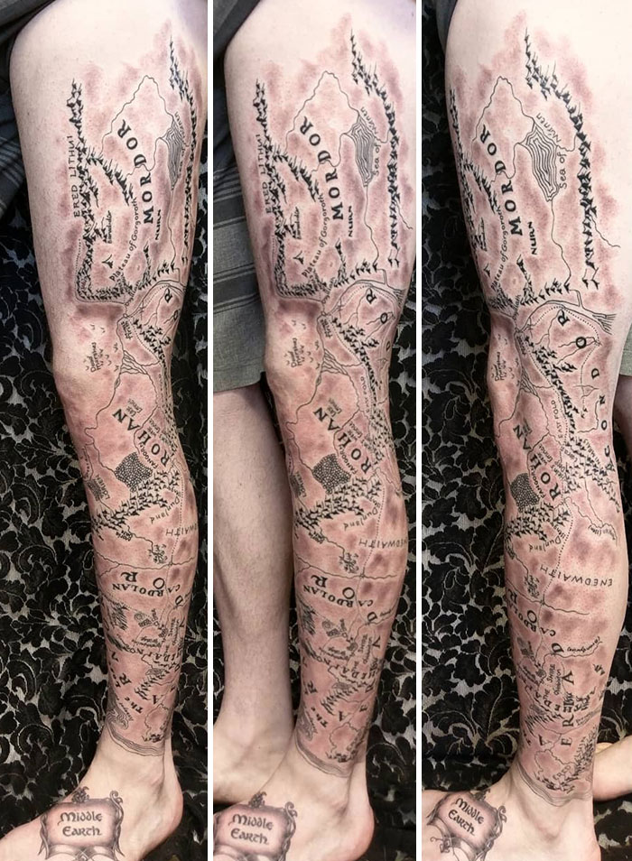 Map of middle earth leg tattoo