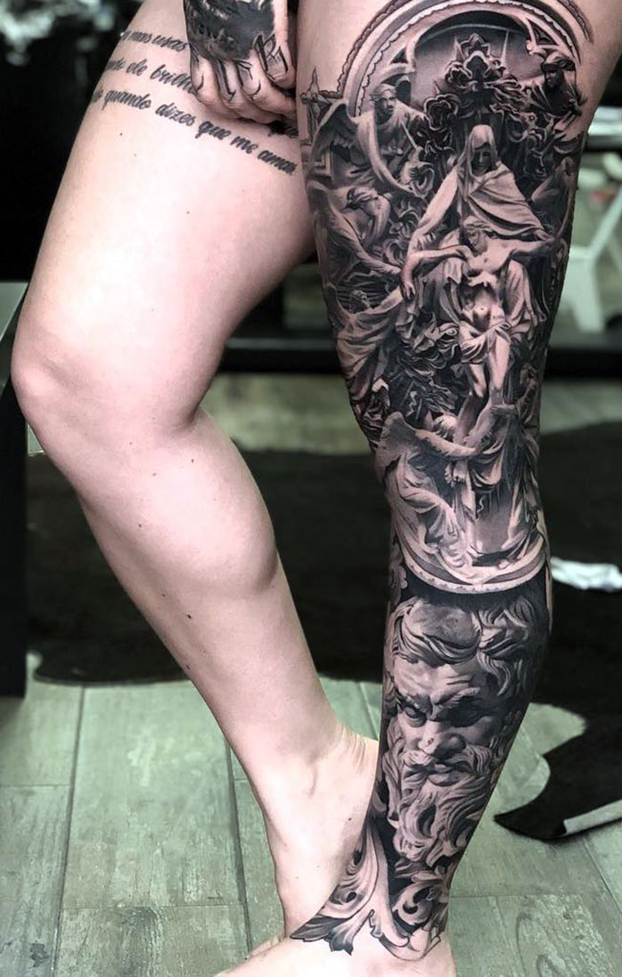 Angels and Gods leg sleeve tattoo
