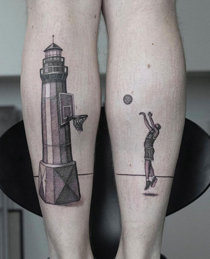 Tower and basketball leg tattoos