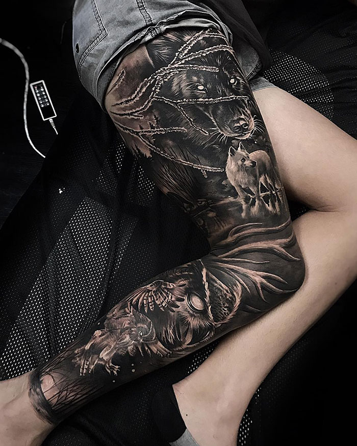 Forest and wolf family leg sleeve tattoo