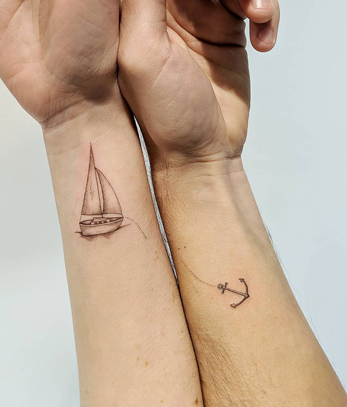 Some Sailing Tattoos For This Couple. Good Luck On Your Adventures