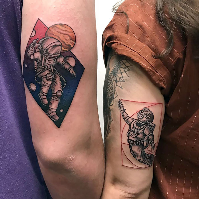 Adorable Matching Astronaut And Deep Sea Diver Tattoos. The Designs Are Meant To Stand Alone To Reflect Each One’s Personal Style, But Still Look Connected When Brought Together