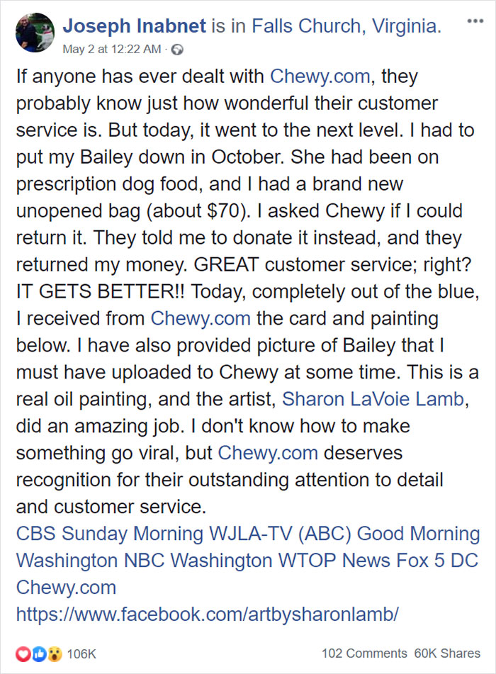 Man Asks Chewy For A Refund On Dog Food After His Dog Passes Away, Gets An Oil Painting With A Message